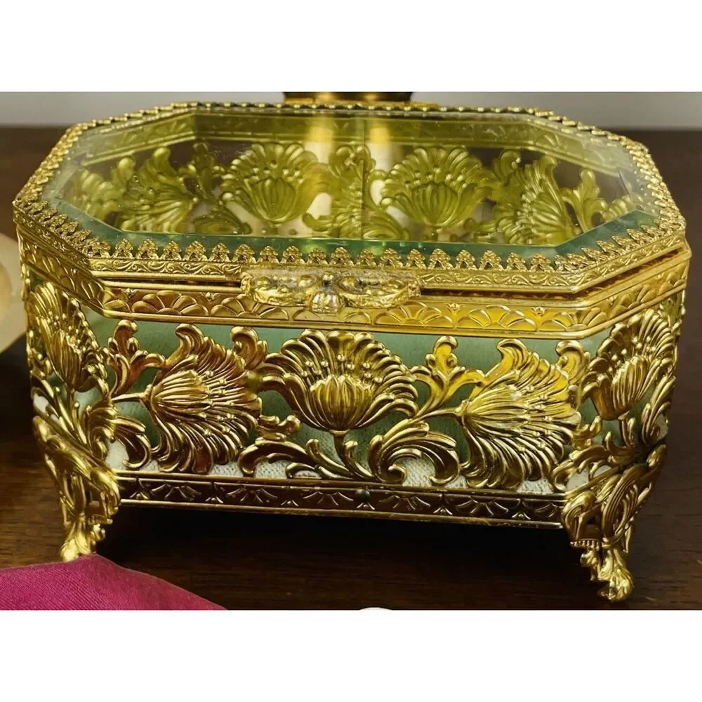 French 1920s filigree  brass & glass casket Ormolu gilt jewelry box EXCELLENT!